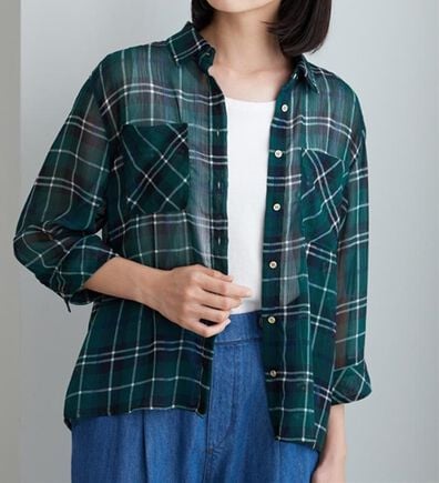 BELLUNA（ベルーナ）の「シフォン楊柳チェック柄プリントシャツ（シャツ）」