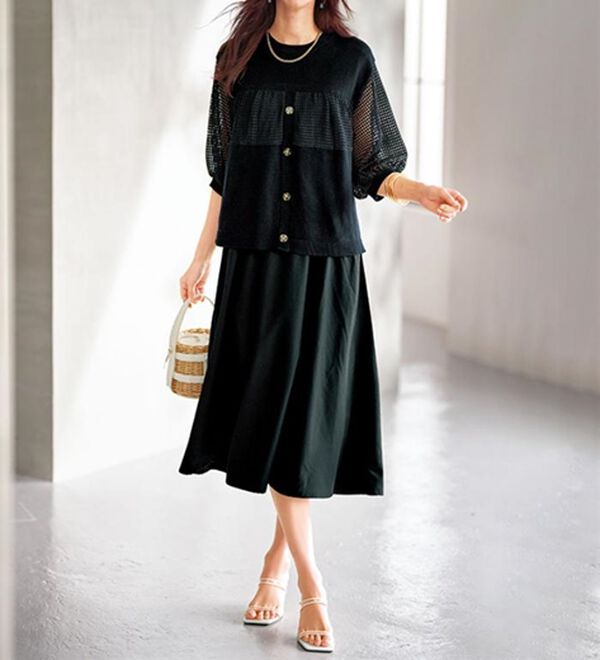 BELLUNA（ベルーナ）の「メッシュ編地切替レイヤード風ワンピース（その他ワンピース）」｜黒系