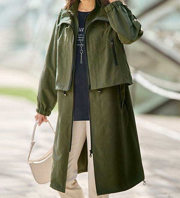 BELLUNA（ベルーナ）の「ビンテージ調素材ベスト付３ｗａｙ着回しライトコート（ロングコート）」｜カーキ