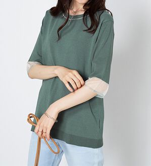 BELLUNA（ベルーナ）の「袖シアーラメ入りニットプルオーバー（ニット・セーター）」｜セージ