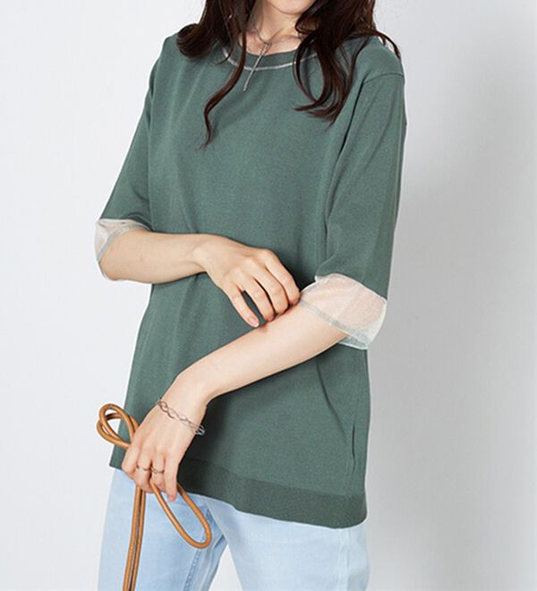 BELLUNA（ベルーナ）の「袖シアーラメ入りニットプルオーバー（ニット・セーター）」｜セージ