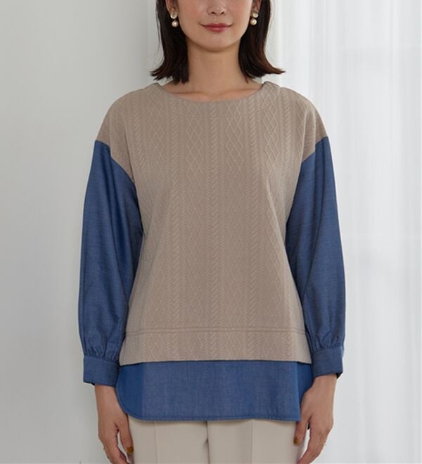 BELLUNA（ベルーナ）の「ケーブル&times;デニム切替チュニック（チュニック）」｜詳細画像
