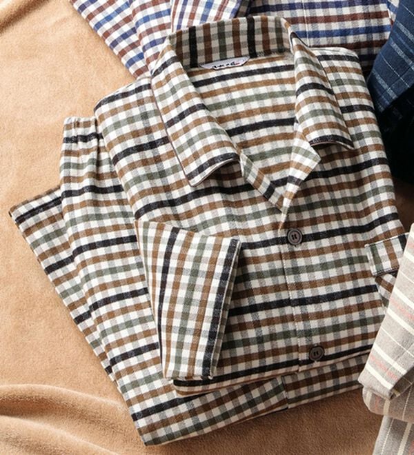 「日本製ふっくらあたたか綿毛布パジャマ（メンズルームウェア）」｜ブラウンチェック