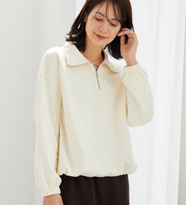 BELLUNA（ベルーナ）の「異素材使いハーフジッププルオーバー（カットソー）」｜アイボリー