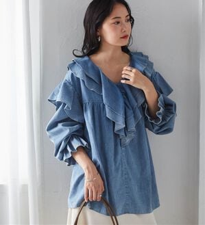 RANAN（ラナン）の「ビッグカラーフリルデニムブラウス（ブラウス）」｜ブルー
