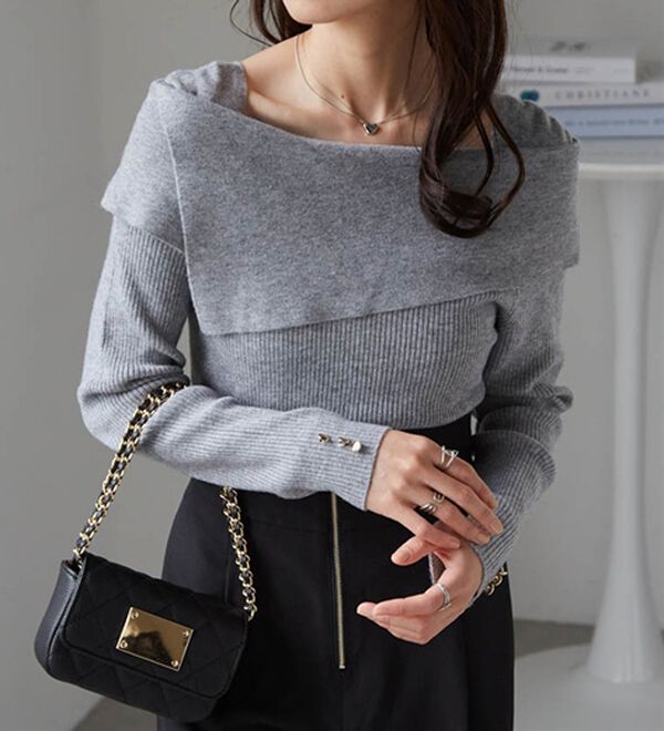 RANAN（ラナン）の「アシメオフショルリブニット（ニット・セーター）」｜グレー