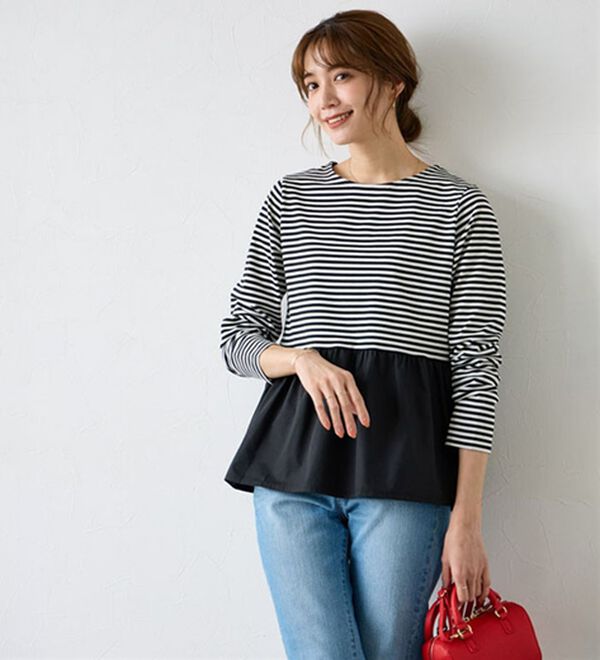 Pierrot（ピエロ）の「異素材ドッキングフリルギャザーペプラムカットソー（カットソー）」｜詳細画像