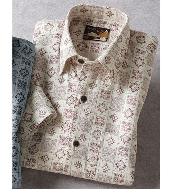 「国産　粋な大人の京染和柄シャツ（メンズシャツ）」｜アイボリー格子