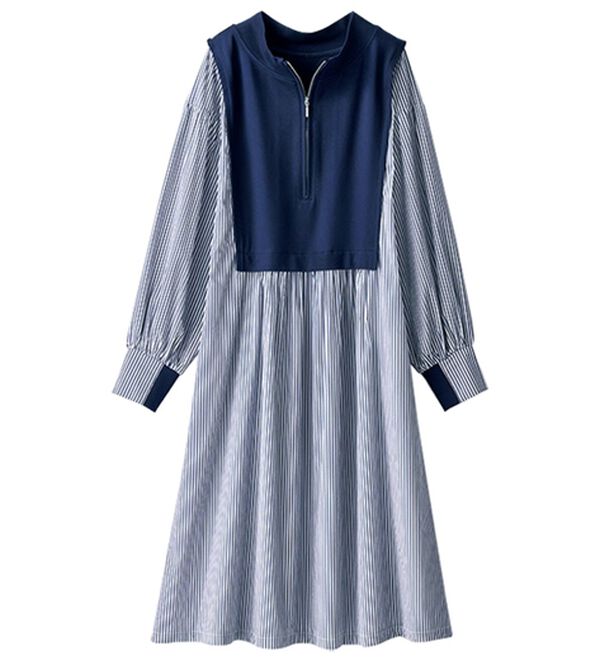 BELLUNA（ベルーナ）の「ハーフジップ使いストライプ切替ワンピース（チュニック）」｜詳細画像