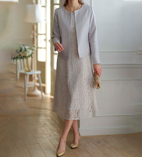 BELLUNA（ベルーナ）の「シャンタン素材ノーカラージャケットレースワンピースアンサンブル（ワンピースセットスーツ）」｜詳細画像