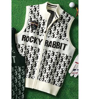 「＜ロッキーラビット＞総柄ニットベスト（メンズベスト）」｜ホワイト