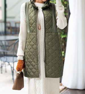 ルフラン（ルフラン）の「立ち衿あったかロングベスト（ベスト）」｜カーキ