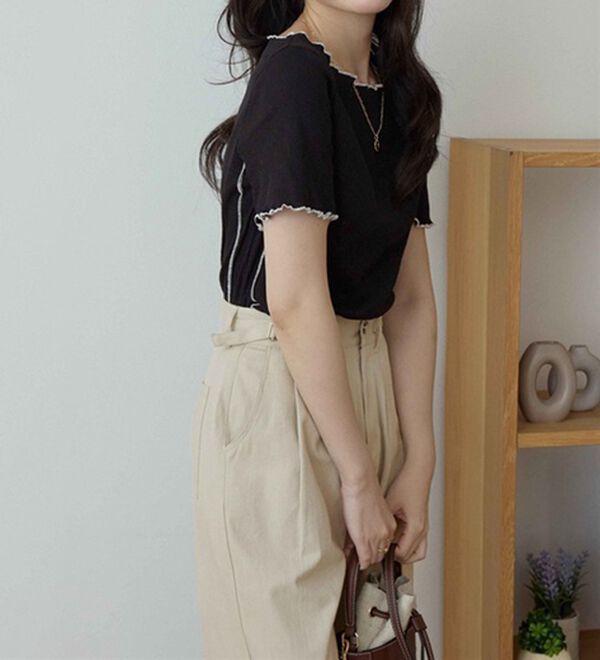 CHAN ME（チャンミ）の「配色ボートネックメロートップス（Tシャツ）」｜詳細画像