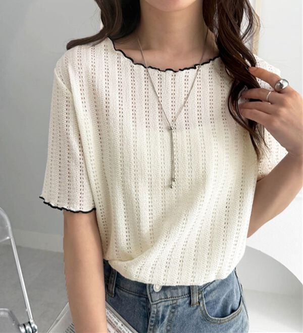 RANAN（ラナン）の「インせず着られる！透かし柄メロー配色Ｔシャツ（カットソー）」｜詳細画像