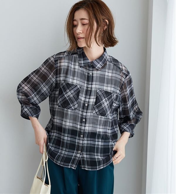 BELLUNA（ベルーナ）の「シフォン楊柳チェック柄プリントシャツ（シャツ）」｜詳細画像