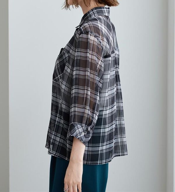 BELLUNA（ベルーナ）の「シフォン楊柳チェック柄プリントシャツ（シャツ）」｜詳細画像