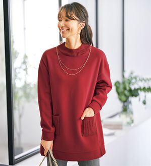 BELLUNA（ベルーナ）の「裏起毛素材ニット切替チュニック（チュニック）」｜レッドオレンジ