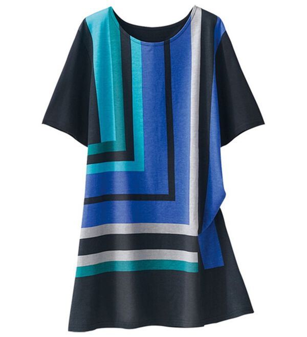 BELLUNA（ベルーナ）の「綿・テンセル（ＴＭ）繊維ロング丈プリントＴシャツ（Tシャツ）」｜ブロック柄