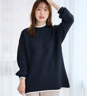 alotta（アロッタ）の「パチパチしにくい！洗えるリブ切替配色ニットプルオーバー（ニット・セーター）」｜ネイビー