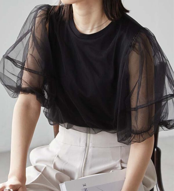 RANAN（ラナン）の「【ひんやり】チュールレイヤードパフスリーブTシャツ（カットソー）」｜詳細画像