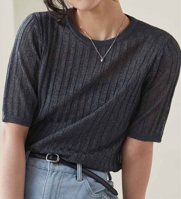 RANAN（ラナン）の「5分袖シアーラメリブニット（ニット・セーター）」｜チャコール