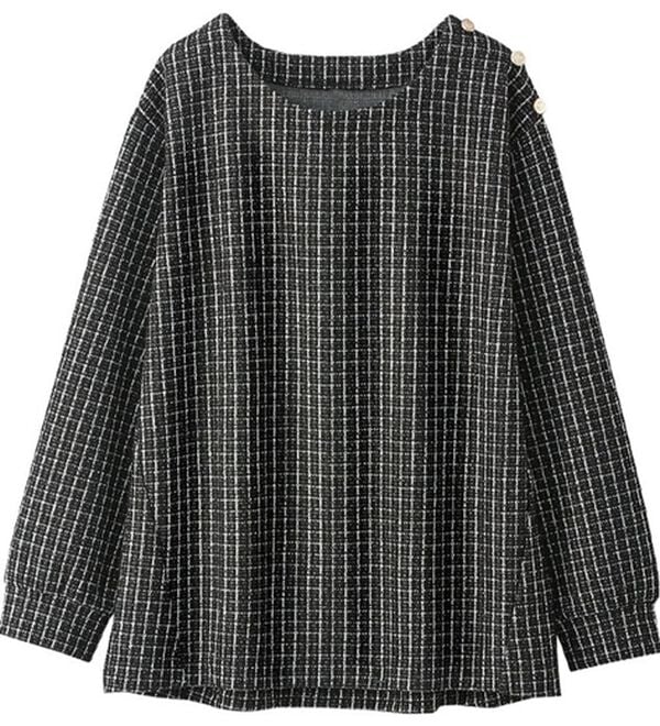 BELLUNA（ベルーナ）の「ツイード調肩ボタンデザインプルオーバー（カットソー）」｜黒系