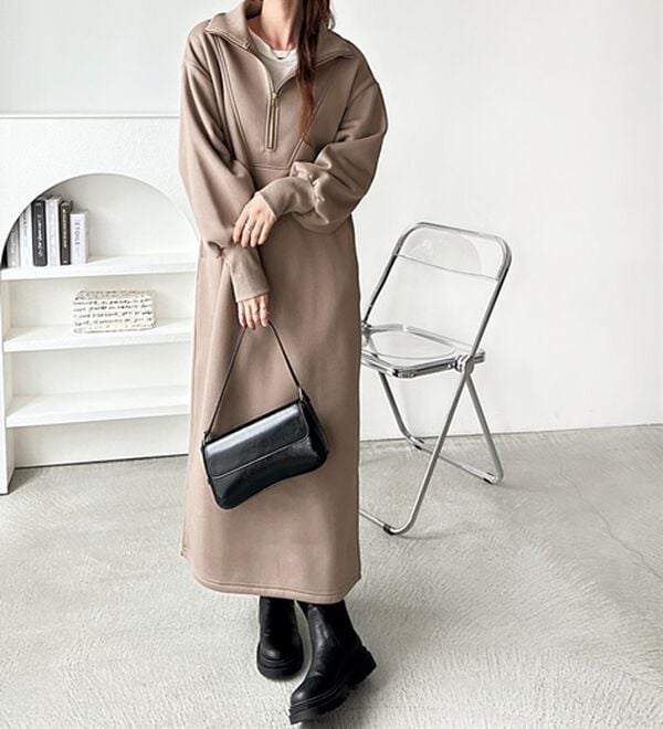 GeeRA（ジーラ）の「ハーフジップハイネック裏起毛ワンピース（カットソーワンピース）」｜詳細画像