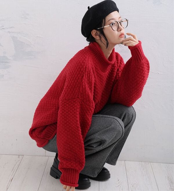 A HAPPY MARILYN（アハッピーマリリン）の「【ＬＬ～６Ｌ】苦しくないバスケット編みチャンキーニット（ニット・セーター）」｜詳細画像