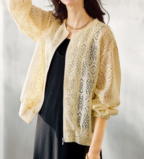 BELLUNA（ベルーナ）の「幾何柄レース素材ノーカラージャケット（ノーカラージャケット）」｜アイボリー