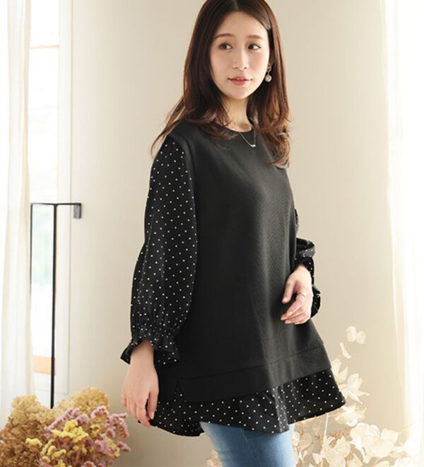 A HAPPY MARILYN（アハッピーマリリン）の「【Ｌ～６Ｌ】華奢魅せ&times;お洒落さっと着てパッと可愛い１枚で完成ドッキングトップス（カットソー）」｜詳細画像