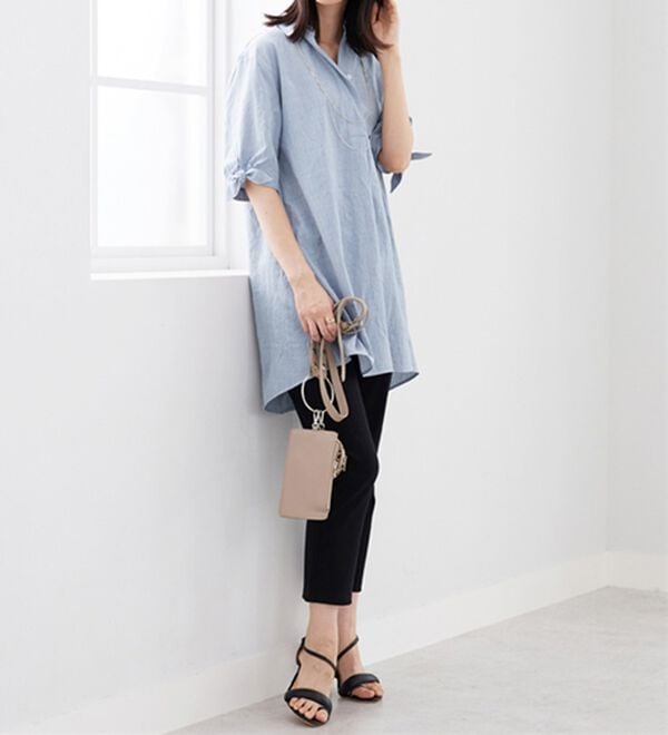 BELLUNA（ベルーナ）の「【接触冷感】麻調素材袖リボン使いシャツチュニック（チュニック）」｜詳細画像