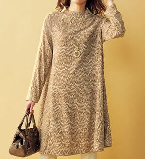 BELLUNA（ベルーナ）の「裏起毛ヘリンボーン柄ライン配色使いチュニック（チュニックワンピース）」｜モカ系