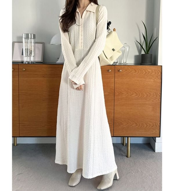 GeeRA（ジーラ）の「ポロ衿表面感素材マーメイドワンピース（カットソーワンピース）」｜アイボリー