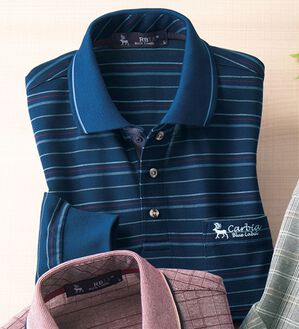 「＜カルビア＞長く着られる柄違い涼やか麻入りポロシャツ（メンズポロシャツ）」｜ネイビー