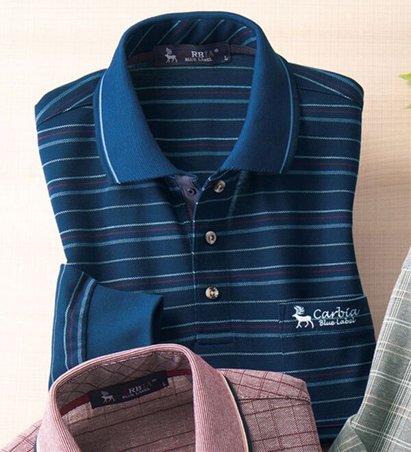 「＜カルビア＞長く着られる柄違い涼やか麻入りポロシャツ（メンズポロシャツ）」｜ネイビー