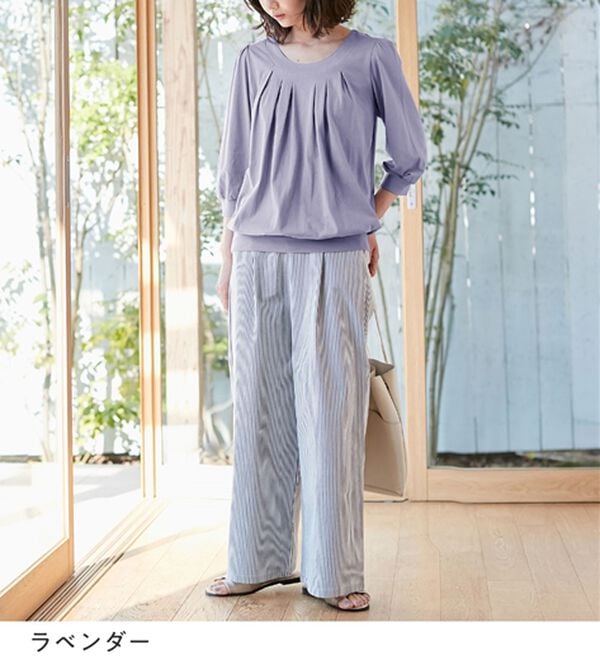 Viola e Viola（ヴィオラ エ ヴィオラ）の「【Ｍ～５Ｌ】綿１００％ふんわり胸元タックカットソー（カットソー）」｜詳細画像