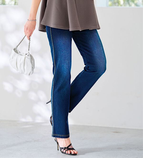 BELLUNA（ベルーナ）の「新感覚！かのこ素材ニットデニムパンツ（フルレングスパンツ）」｜インディゴ