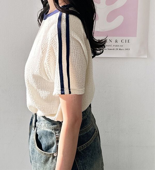 GeeRA（ジーラ）の「ふくれジャガード袖ラインＴシャツ（カットソー）」｜詳細画像