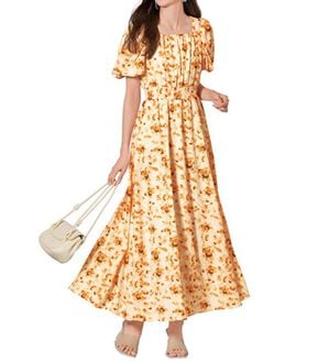 RANAN（ラナン）の「花柄プリントスクエアネックワンピ（プリントワンピース）」｜オレンジ系