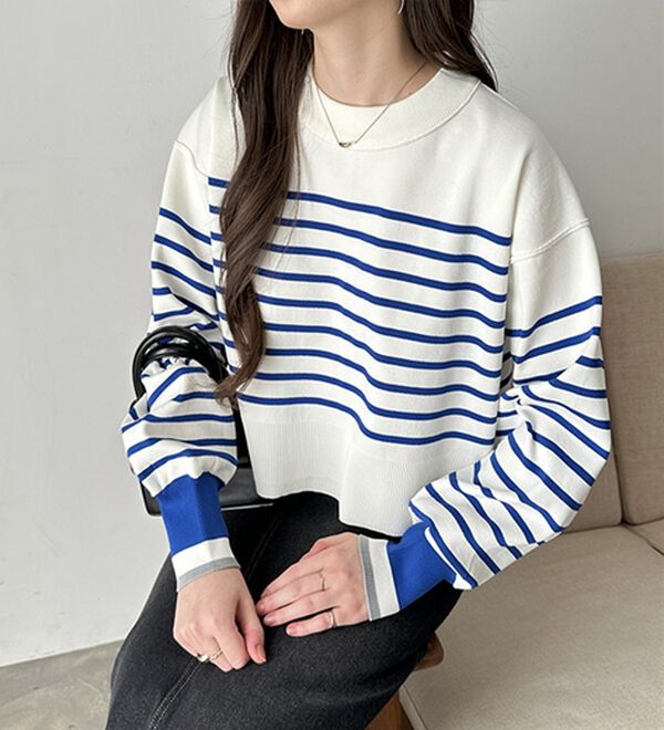 GeeRA（ジーラ）の「さらっと素材パネルボーダーショートニット（ニット・セーター）」｜オフ白&times;ネイビーボーダー