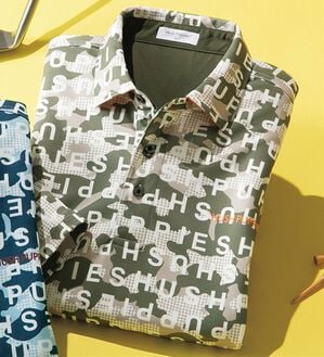 「＜ハッシュパピー・ゴルフ＞ドライタッチ総柄ポロシャツ（メンズポロシャツ）」｜ベージュ