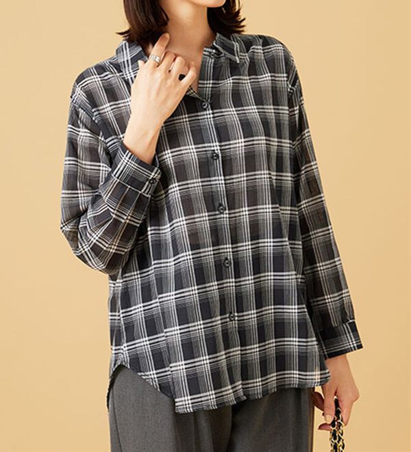 BELLUNA（ベルーナ）の「涼やか綿１００％シアー素材チェックシャツ（チュニック）」｜詳細画像