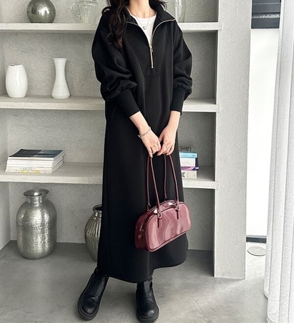 GeeRA（ジーラ）の「ハーフジップハイネック裏起毛ワンピース（カットソーワンピース）」｜詳細画像