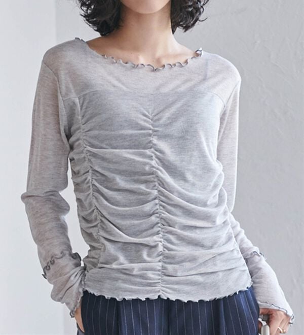 RANAN（ラナン）の「ギャザーデザインシアーTシャツ（Tシャツ）」｜グレー