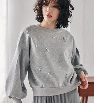 RANAN（ラナン）の「ビジュー使いボリューム袖プルオーバー（カットソー）」｜ライトグレー