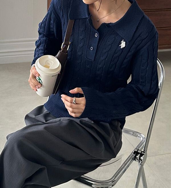 RANAN（ラナン）の「＜U.S.POLO ASSN.＞刺繍長袖ケーブルポロニット（ニット・セーター）」｜詳細画像