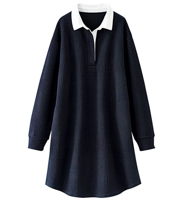 BELLUNA（ベルーナ）の「ボーダージャカード素材ラガーシャツワンピース（カットソーワンピース）」｜ネイビー