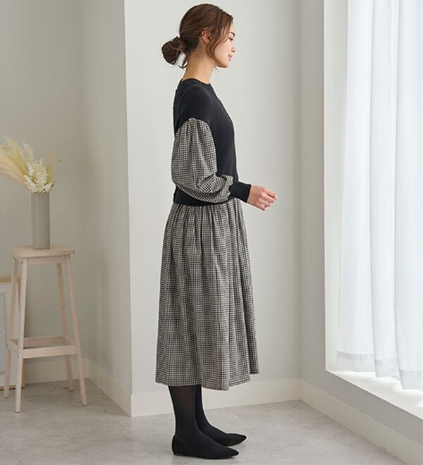 BELLUNA（ベルーナ）の「＜＆ｃｏｃｏｃｈｉ＞ニット切替チェック柄ワンピース（ドッキングワンピース）」｜詳細画像