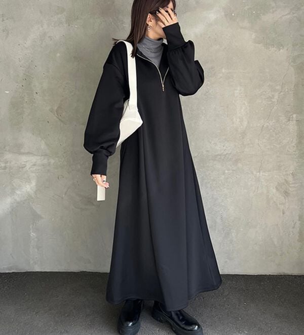 GeeRA（ジーラ）の「1枚で決まる！ハーフジップフレアワンピース（カットソーワンピース）」｜詳細画像