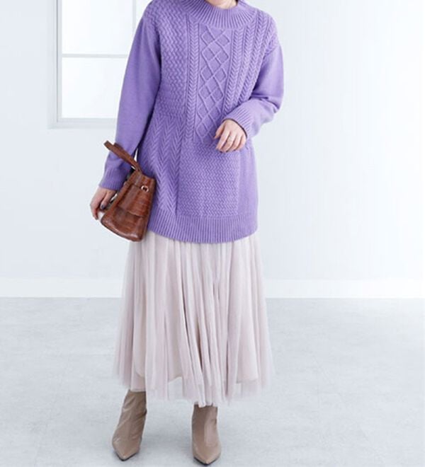 BELLUNA（ベルーナ）の「パッチワーク調ケーブルニットチュニック（チュニック）」｜詳細画像